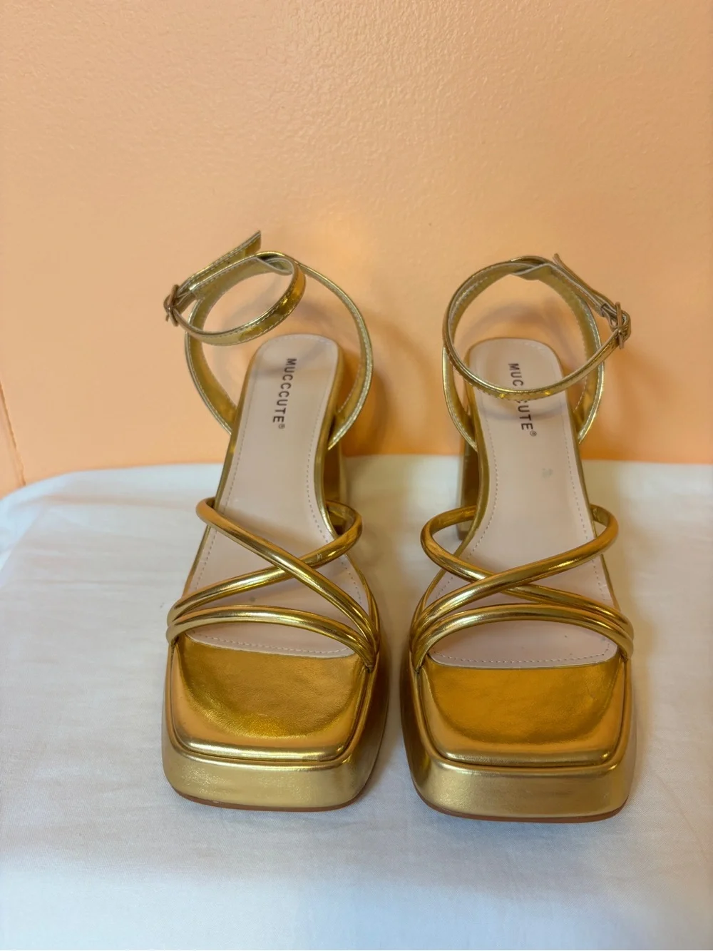 Metallic Gold Platform Block Heel Sandals
